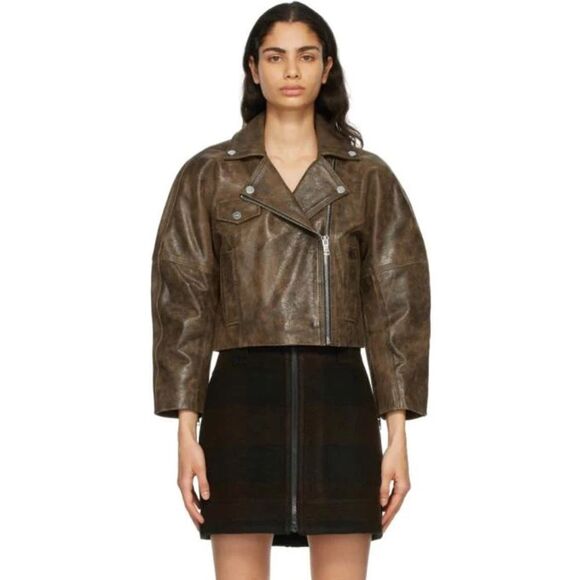 GANNI Washed Perfecto Brown Leather Cropped Biker Jacket size 36 US S Sold Out - Picture 1 of 16